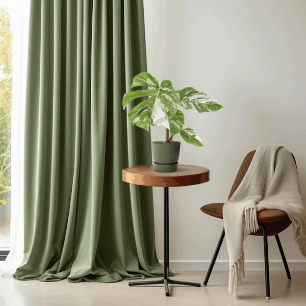 Monstera Deliciosa Variegata op houten tafel naast bruine stoel met plaid, voor raam met groene gordijnen