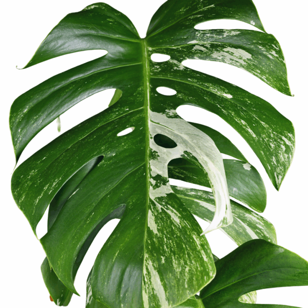 Close-up van een Monstera Deliciosa Variegata blad met witte en groene variegatie en kenmerkende insnijdingen