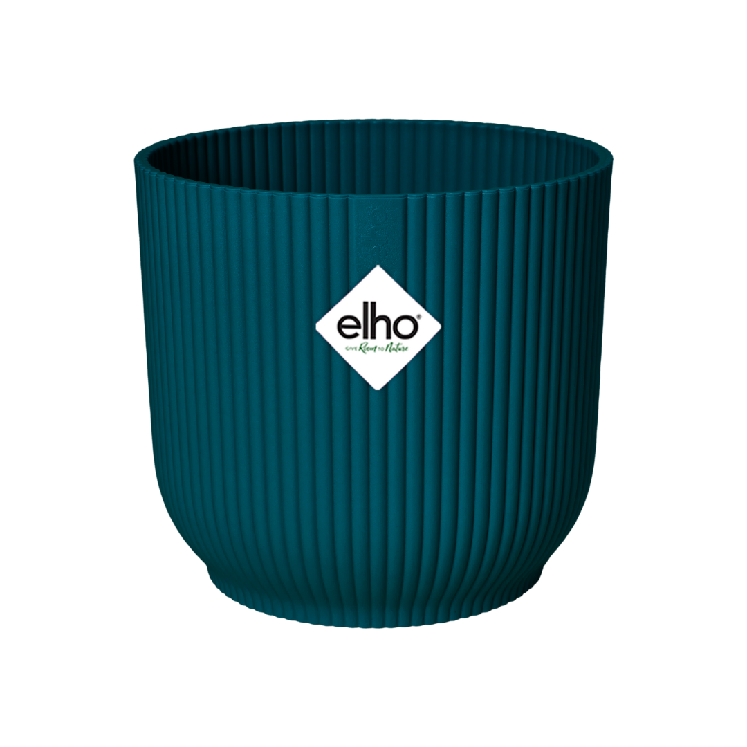 Blauwe elho Vibes Fold Round plantenpot met geribbelde textuur en matte afwerking, geschikt voor kleine kamerplanten