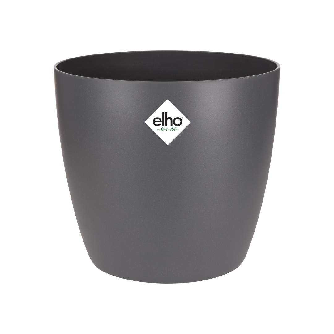Antracietkleurige elho Brussels plantenpot met glad oppervlak en subtiel logo, geschikt voor binnen en buiten