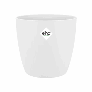 Witte elho Brussels plantenpot met green basics label, cilindervormig design op witte achtergrond