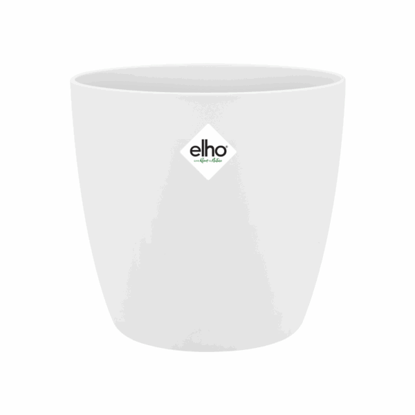 Witte elho Brussels plantenpot met green basics label, cilindervormig design op witte achtergrond