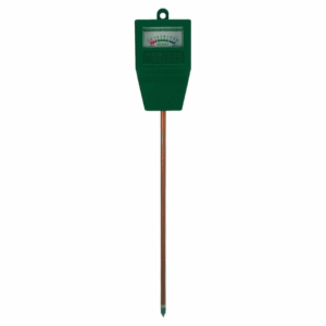 Groene vochtigheidsmeter met analoge wijzer en metalen pin, op witte achtergrond – meet eenvoudig de vochtigheid van potgrond