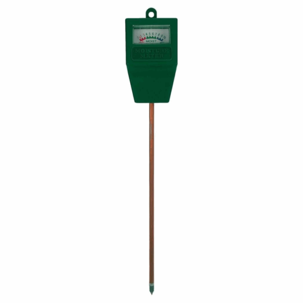 Groene vochtigheidsmeter met analoge wijzer en metalen pin, op witte achtergrond – meet eenvoudig de vochtigheid van potgrond