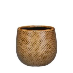 Keramieken Gabriel plantenpot in oker met ronde vorm en glanzende textuur, Ø14 cm, geschikt voor kleine kamerplanten