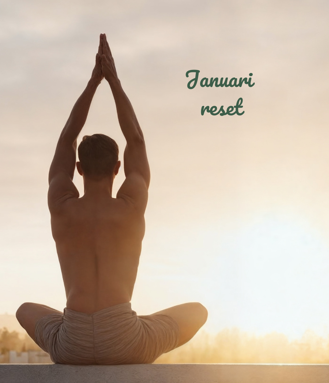 Mediterend persoon in een rustige, lichte ruimte met de tekst “januari reset” in beeld. Symbolische weergave van een frisse start, rust en persoonlijke groei met ondersteuning van planten en groene rituelen.